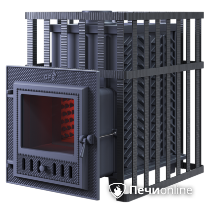 Дровяная банная печь Гефест ЗК в сетке-18 (М) чугунная дверца со стеклом, запатентованная каменка сетка в Сыктывкаре
